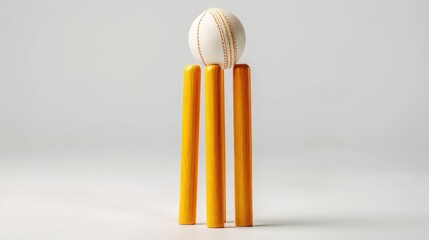 White leather cricket ball striking yellow wooden cricket stumps on a white background