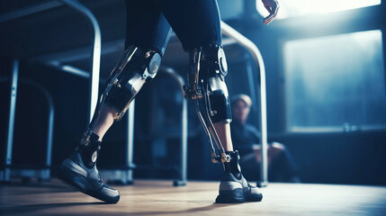 A young disabled man with a prosthesis runs on a treadmill at the doctor. AI generated.