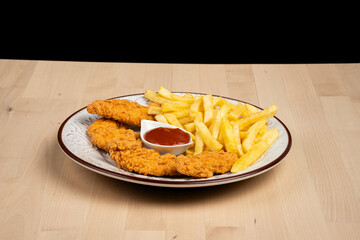 Table with french fries served with a side of ketchup on a plate