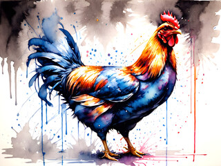 Fototapeta premium Vibrant Poultry: Watercolor Illustration of Rooster, Hen, or Chicken with Color Splashes