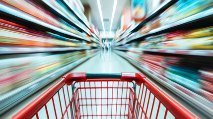 Red shopping cart moving fast in a grocery store aisle