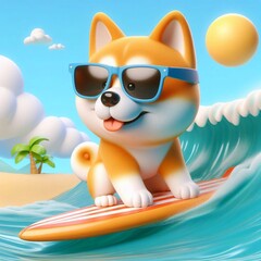 Akita  Inu auf einem  Surfbrett