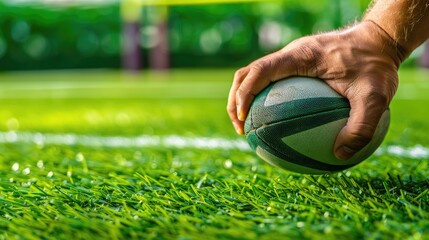 a rugby player's hand gripping a rugby ball on green grass inside a stadium, with ample space for...