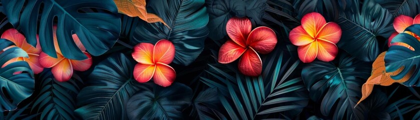 Obraz premium Vibrant tropical flowers with dark green leaves background, featuring red-orange petaled blooms in a lush jungle setting.