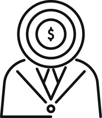 Black and white line art of a businessman with a target and dollar sign for a head, symbolizing financial goals
