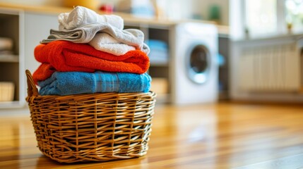 Obraz premium Laundry basket and washing machine with copy space on blurred background for text placement