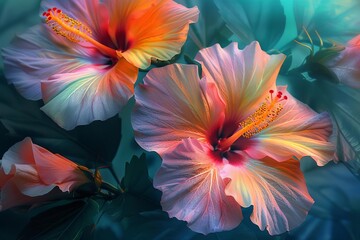 Fototapeta premium Vibrant hibiscus flowers in full bloom with stunning, colorful petals. Ideal for nature, floral designs, and botanical themes.