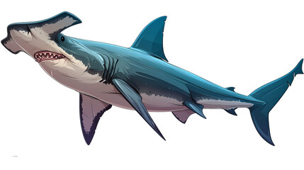 Fototapeta premium A detailed illustration of a hammerhead shark showing its unique head shape, sharp teeth, and streamlined body, swimming in clear blue waters.