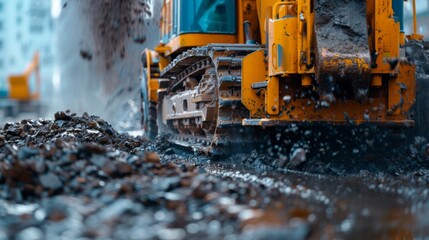 Construction site machinery, capturing the intricate mechanical parts and sturdy construction. The soft focus provides a smooth blur to the background, while side lighting enhances the visual appeal a