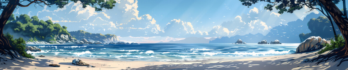 Fototapeta premium serene beach with calm waters, lush greenery, and a clear blue sky with fluffy white clouds. Generative ai raster illustration. Pop art comic book style imitation