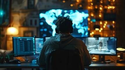 A man is sitting in front of a computer monitor with a map of the world on it