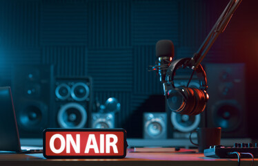 Professional radio station equipment and On Air sign