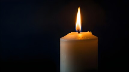 A single candle standing straight, its flame gently flickering and illuminating the surrounding darkness, captured in clear, sharp detail 