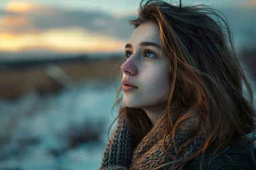 Young woman gazing at sunset in a winter landscape