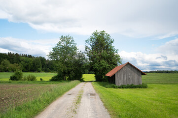 Obraz premium Wooden barn in a green field against