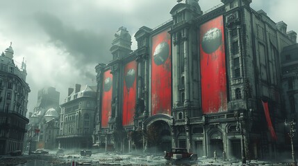 A dystopian cityscape with red banners and a somber atmosphere.
