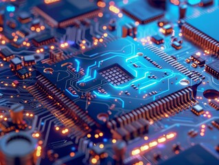Obraz premium Detailed blue micro circuit diagram of a motherboard. Every line and connection represents the complex network within a digital system, emphasizing the critical importance of digital security.