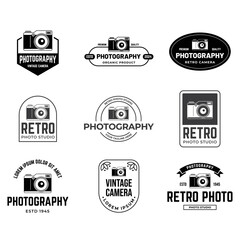 Obraz premium Set of Vintage Camera Photography Vector Label, Logo Template with Retro Typography.