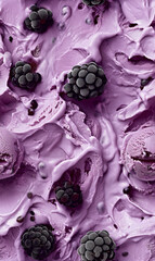 Obraz premium blackberry ice cream surface close-up shot, a closeup of the blackberry ice cream texture, featuring its creamy base with a vibrant purple color and pieces of blackberries