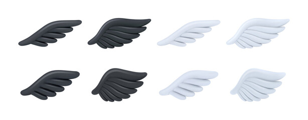 Angel or fairy personage of game design, isolated fantasy or gothic wings with feathers. Vector set of realistic 3d assets for gaming. Spiritual and peace symbol, angelic black and white wing