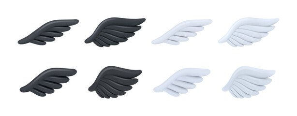 Angel or fairy personage of game design, isolated fantasy or gothic wings with feathers. Vector set of realistic 3d assets for gaming. Spiritual and peace symbol, angelic black and white wing © Sensvector