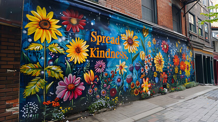 Street art showcasing colorful bouquet of flowers with the words Spread Love Sprout Kindness Blossom Happiness in vibrant colors promoting compassion and positivity