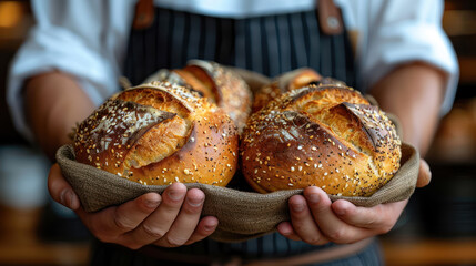 baker holding freshly baked artisan bread in a kitchen
