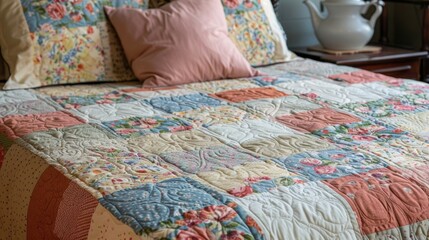 Soft pastel colors create a serene and soothing look on this quilt made entirely from recycled fabric remnants.