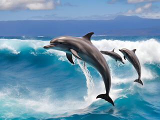 Fototapeta premium two dolphins jumping