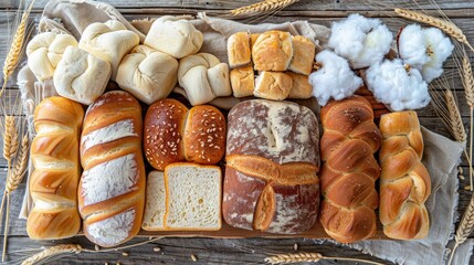 breads and pastries including baguettes, rolls, wreaths, pretzels, bun cookies, and wheat ears, laid out on a wooden background in a top view.