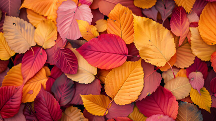 Fototapeta premium Beautiful yellow red leaves in an autumn texture background. Generative AI.