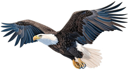 Obraz premium Detailed illustration of a majestic bald eagle in flight with its wings fully spread, showcasing the powerful grace of this iconic bird.
