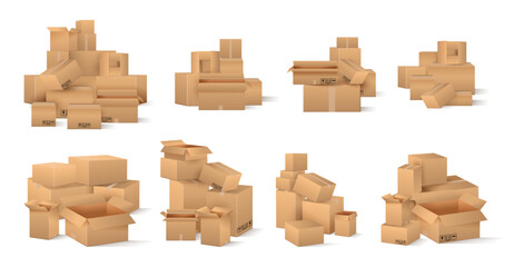 Cardboard boxes, isolated realistic parcels with tape and fragile care sign symbol, handling with care, protection from water rain. Vector mail container piles, isolated empty mockup set