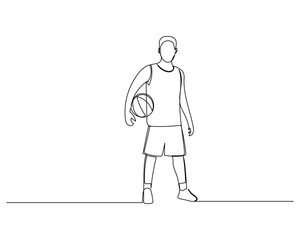 Continuous single line drawing of male basketball player posing facing the camera holding the ball. basketball tournament event . Design illustration