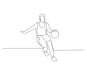 Continuous single line drawing of male basketball player dribbling the ball while running fast towards the basketball ring. basketball tournament event . Design illustration