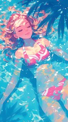 swimming in the pool, woman with long wavy red hair wearing a pink and blue pastel neon suit floating underwater, which in Generate AI