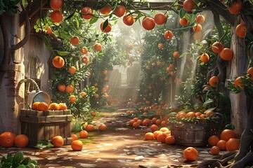 Golden sunlight on lush citrus orchard  ripe oranges in rustic crate, sun kissed pebbled skins