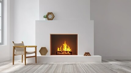 a living room with a white wall, a wooden armchair, and burning firewood on a coffee table, creating a cozy atmosphere.