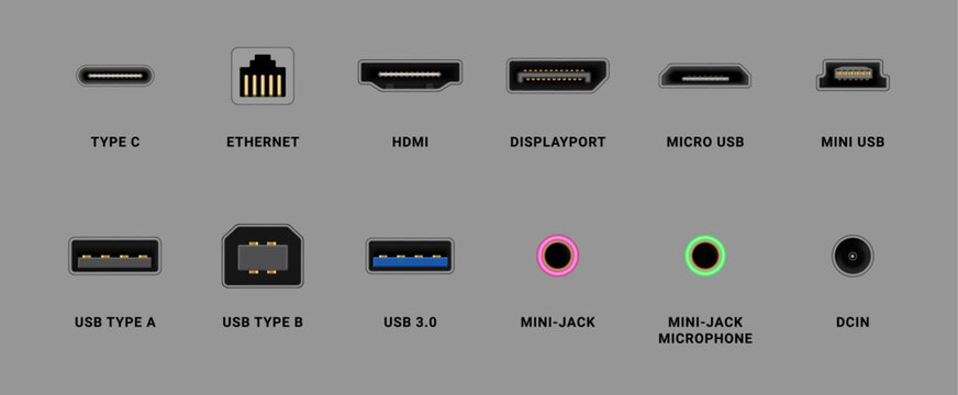 Ports in computer, realistic set of cables connectors and adapters. Vector isolated type c and mini USB, mini jack and displayport, HDMI for monitor display, microphone and dcin, ethernet