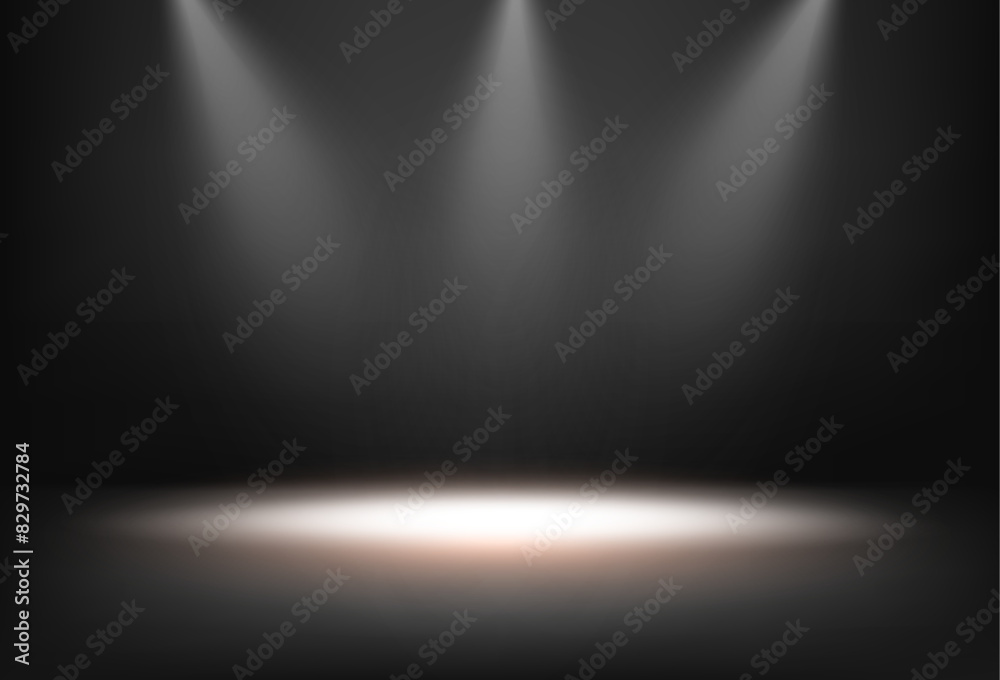 Poster Stage or podium with spotlights and illumination. Vector isolated realistic scene with dim lights and smoke. Presentation or display of products, advertisements or event performance ceremony