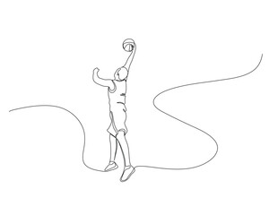 Continuous single line drawing of male basketball player jumps high to block opponent's passing ball. basketball tournament event . Design illustration
