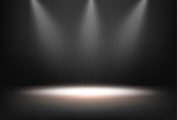 Stage or podium with spotlights and illumination. Vector isolated realistic scene with dim lights and smoke. Presentation or display of products, advertisements or event performance ceremony