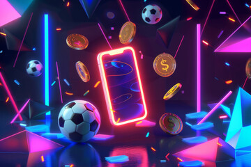 Smartphone with neon outline surrounded by floating sports balls and coins against a dark, futuristic background.