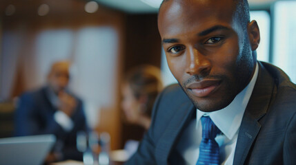 Confident businessman in meeting. Young, black businessman exudes confidence in a professional meeting setting.