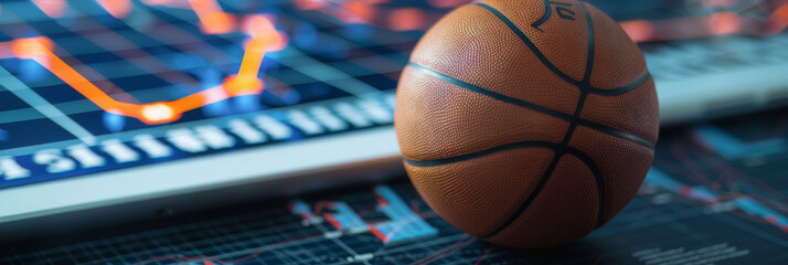 Basketball on a digital scoreboard with glowing orange neon lines and futuristic interface elements.