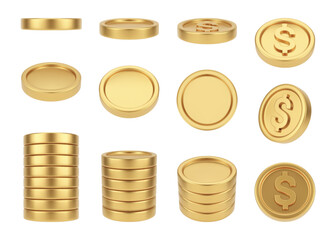 Pile of money, isolated falling dollar golden coins. Vector finance and economy, deposit on bank account or earnings. Wealth and growth of capital, winning in casino or getting jackpot win