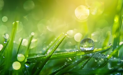 Obraz premium Un primer plano de una gota de agua sobre el césped, con un fondo con vibrantes tonos verdes y una iluminación suave.
