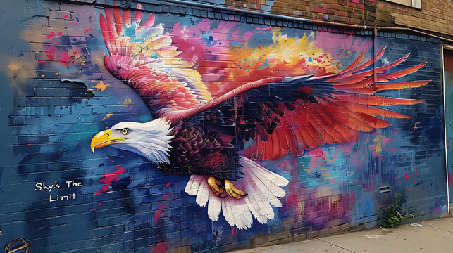 Street art showcasing majestic eagle soaring through the sky with the message Sky's The Limit in vibrant colors inspiring ambition and limitless potential
