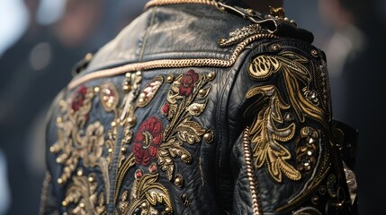 Fototapeta premium The designers attention to detail is evident in the intricate embroidery adorning each leather jacket and vest.