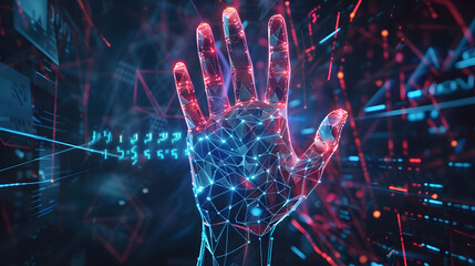 Fototapeta premium Digital hand hologram background. Generative AI.